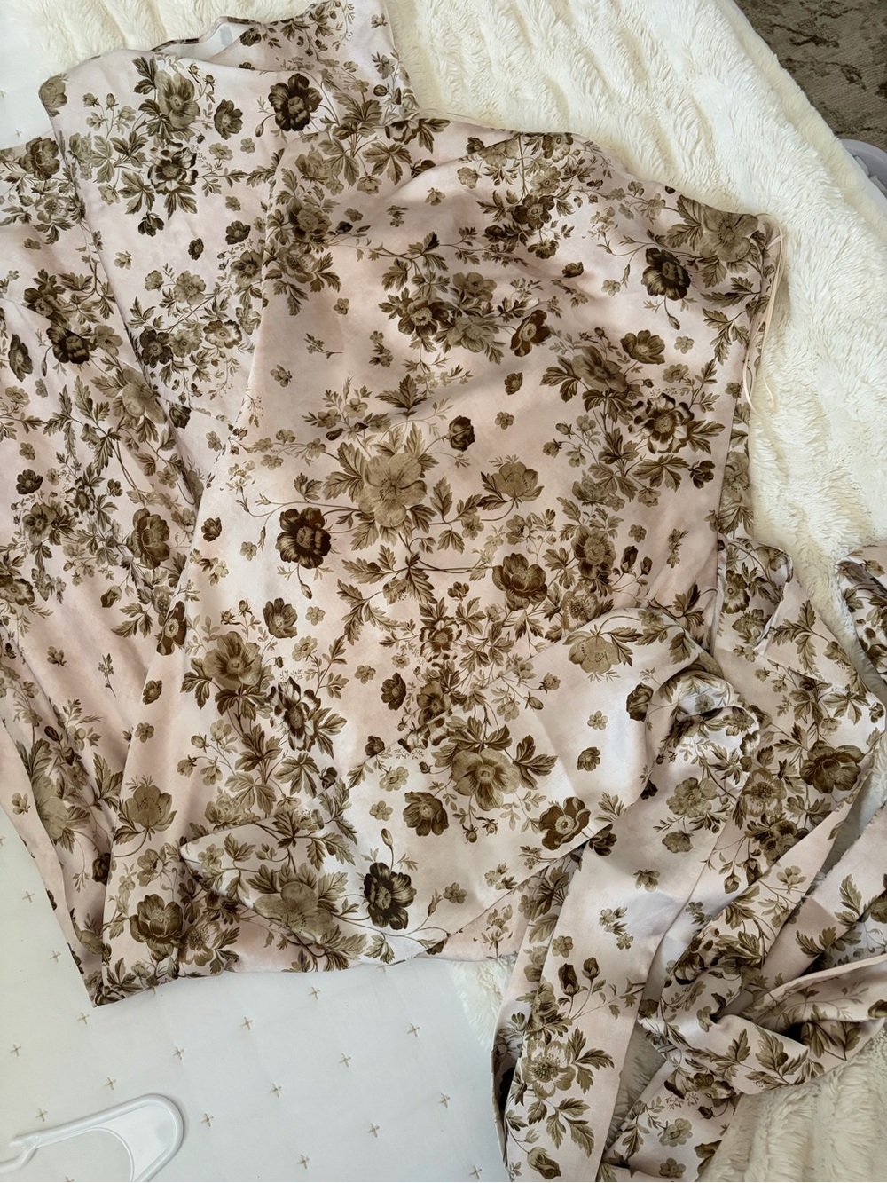 Anthropologie Strapless White Satin Maxi Dress with Green Floral Print and Scarf - Picture 3 of 7
